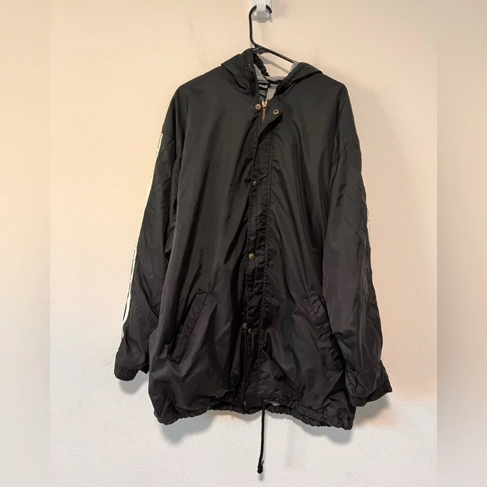 Adidas Black White Three Striped Button Zipper Front Water Resistant Jacket L